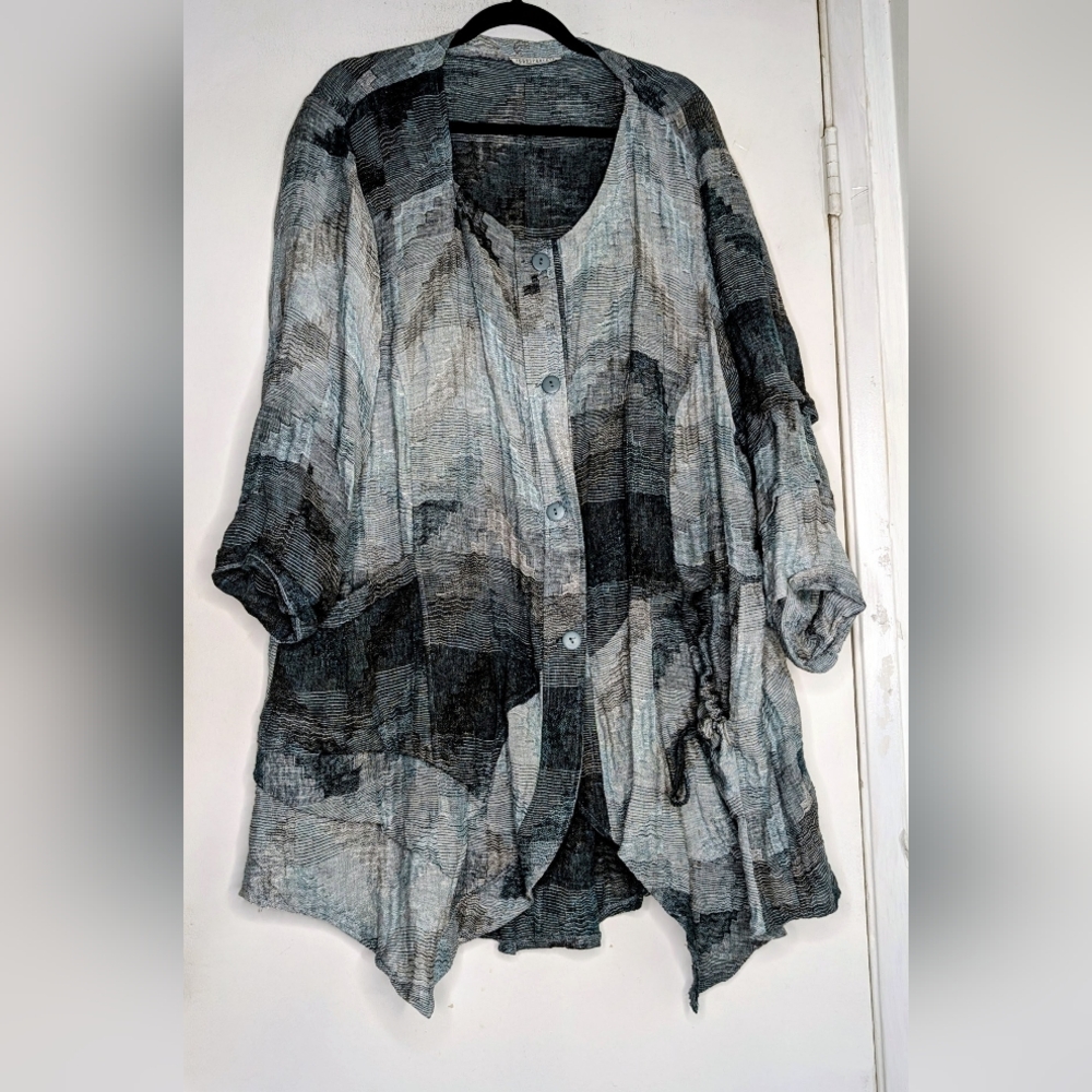 TRANSPARENTE Germany Linen Lagenlook Textured Button Front Asymmetric Tunic